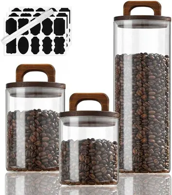 Produktbild von Gläserne Aufbewahrungsbehälter mit Holzdeckel - 3-teilig - 700/800/1800 ml - luftdicht - Kräutermischer - Muesli- und Körnerbehälter