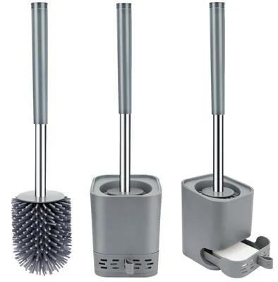 Image de Brosse de toilettes, brosse de toilettes en silicone avec réservoir de récupération, séchage rapide, pour salle de bains et toilettes d'invités, à fixation murale ou sur pied, grise