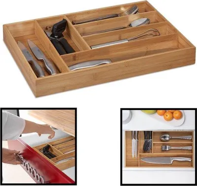 Image de Range-couverts en bambou pour la cuisine - Boîte à couverts en bambou - Dimensions : 44,5 x 30,5 x 6 cm