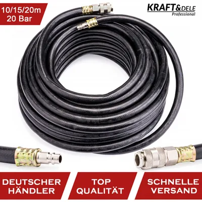A coiled black pneumatic hose with metal connectors on a white background, accompanied by marketing text.