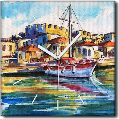 Produktbild von Coloray Uhr auf Leinwand 30x30 cm Wand Uhr Dekoration Wohnzimmer Segeltuch weiße Zeiger -Landschaft eines Bootshafens