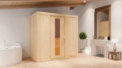 Produktbild von Karibu Sauna Innensauna Variado Fronteinstieg Ofen 9 kW integr. Strg 196x118x198 cm ohne Dachkranz mit Energiespartür