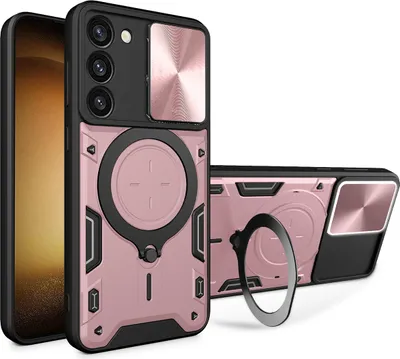 Immagine prodotto di Custodia per Samsung Galaxy S23 a doppio strato con copertura della fotocamera e supporto ad anello Oro rosa