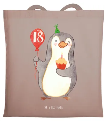 Produktbild von Mr. & Mrs. Panda canvas tasche 18. Geburtstag Pinguin Luftballon - Braun Pastell - Geschenk, Party, Herzlichen Glückwunsch, Schultasche, Jutebeutel, Tote Bag, Shopping
