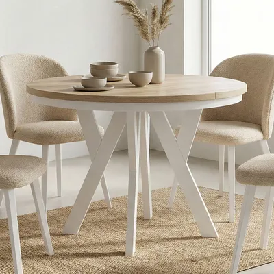 Image de Table ronde à rallonges pour la salle à manger, PERO avec un piètement à anneaux, style loft, scandinave, diamètre : 120 / 220 cm, Couleur : Chêne Sonoma / Blanc