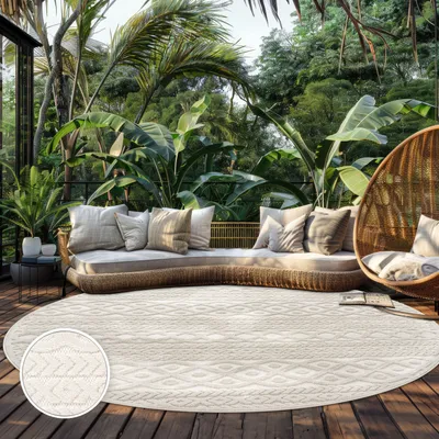 Produktbild von Outdoor Teppich Wetterfest Balkon Wohnzimmer Skandinavisches Boho Einfarbig Grösse 200 cm Rund