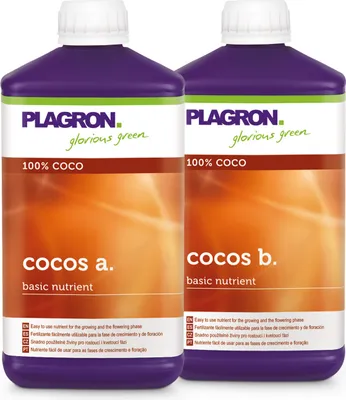 Two bottles of Plagron Coco A+B fertilizer are shown side-by-side against a white background.