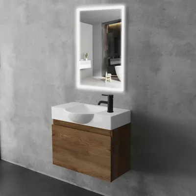 Produktbild von Alpenberger Badmöbel Set mit LED Spiegel | Badschrank Hängend | Badezimmerschrank mit Spiegel | Badmöbel für Kleine Bäder + Gäste WC | Waschtisch mit Unterschrank Eiche