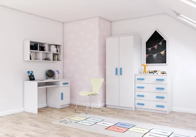 Produktbild von Kinderzimmer-Set Schrank Wandregal Kommode Schreibtisch Weiß/Weiß mit blauen Griffen Jonas I 02