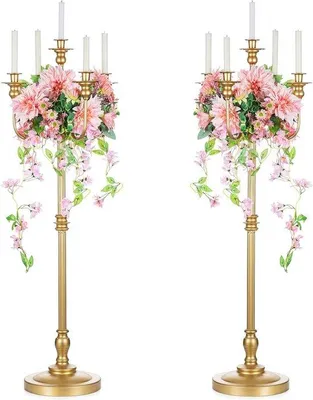 Produktbild von Unyqoos® 2er-Set goldener Kerzenständer 124 cm, Metall – 5-armiger Kandelaber, moderner Säulen-Kerzenhalter für Hochzeit & Tischdeko