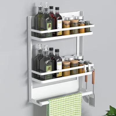 Obrázek produktu pro Regál na koření s držákem na toaletní papír a 4 háčky, montáž bez vrtání, nerezová ocel, bílá barva, pro kuchyň