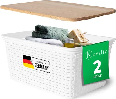 Produktbild von Novaliv 2er Set Eleganter Aufbewahrungskorb mit Holzdeckel in Rattan-Optik | Weiß Lebensmittelecht Kunststoff 14L – Perfekt für Bad & Kleidungsaufbewahrung. Aufbewahrungsbox Badezimmer Körbchen.