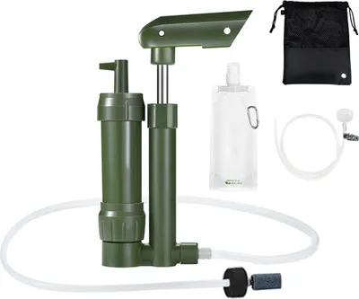 Produktbild von Handpumpe Wasserfilter 3-stufiges Camping-Wasseraufbereiter-Filtrationssystem ueberlebensausruestung 0,01 Mikron mit 500 ml Wasserbeutel Aufbewahrungstasche fuer Outdoor-Camping-Wander-Rucksack-Abenteuer