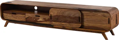 A wooden TV stand with drawers and sliding doors, shown against a white background.