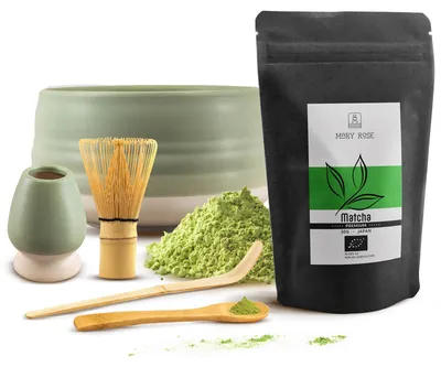 Produktbild von Mary Rose - Matcha Tee Set Premium 30g - Keramik Schale Matchawan Higashi 500ml - Beige Grüner Kusenaoshi Halter - Japanischer Tee Chasen