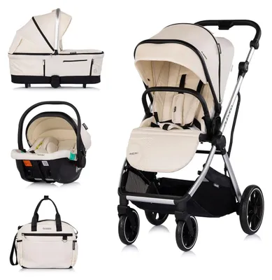 Obrázok produktu pre Detský kočík Chipolino Aurora 3 v 1 s autosedačkou, vaničkou a športovou sedačkou, taška, béžová