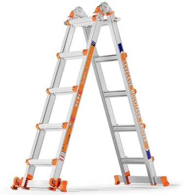 Zdjęcie produktu dla Wielofunkcyjna drabina 5-stopniowa, wysokość 5,18 m, wykonana z aluminium, z stabilizatorem i kołami, udźwig 150 kg, do użytku wewnątrz i na zewnątrz