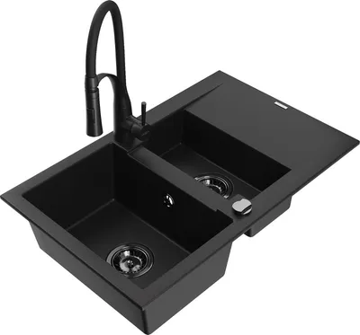 Produktbild von Mexen Gaspar 1,5-Becken-Granitspüle mit Abtropffläche und Mischbatterie Aster, Schwarz - 6507-77-73450-70-B