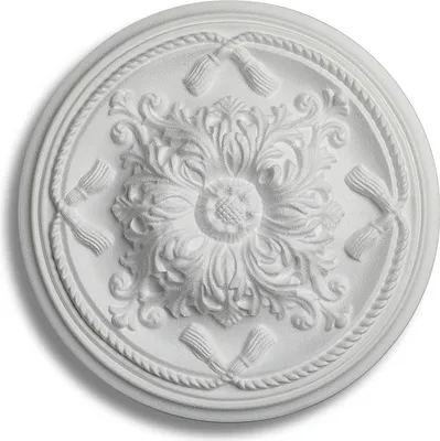 A white decorative rosette with ornate floral detailing and rope-like trim.