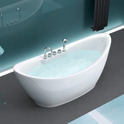 A white freestanding bathtub filled with water, set against a blue reflective wall and a dark gray floor.