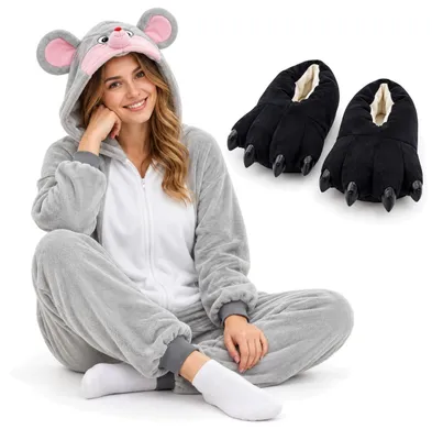 Image de Coffret cadeau : Onesie Kigurumi Pyjama Mickey Mouse Déguisement Costume XXL : 185 - 195cm + Chaussons pattes 3D 37-44