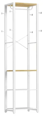 Zdjęcie produktu dla Wieszak na ubrania z półkami na buty, 3 półki, kolor biały i drewniany, wymiary: 40 x 28 x 181 cm