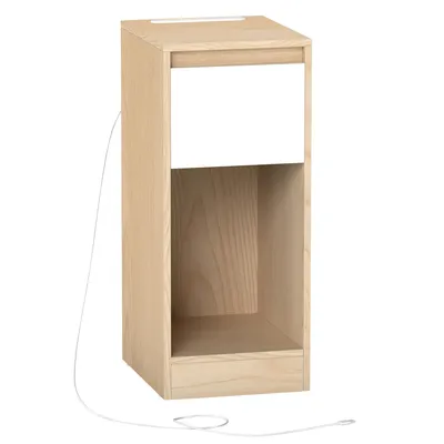 A narrow wooden nightstand with a white drawer front and an open shelf, shown against a white background. A thin white cord is visible extending from the side of the nightstand.