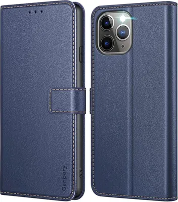 Produktbild von Ganbary iPhone 11 Pro Leder Handyhülle Blau mit Kartenschlitzen & Standfunktion