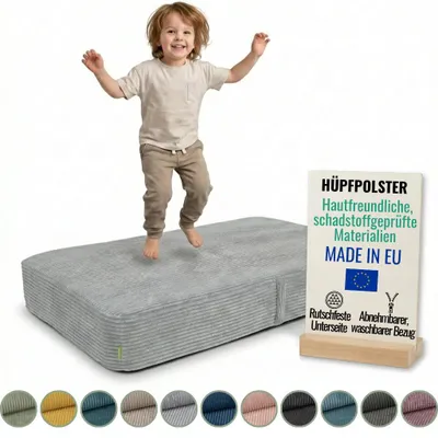 Produktbild von Pillows24 – Hüpfpolster für Kinder | Hüpfkissen 70x110x17 cm | Federn & Schaumstoff | Kindertrampolin für Zuhause | Hüpfmatte | abnehmbarem Cordbezug