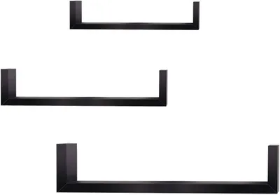 Image de Ensemble de 3 étagères murales rétro en forme de U | Noir | Dimensions : 26x6x9,7 cm, 34x7,5x9,7 cm, 42x9x9,7 cm
