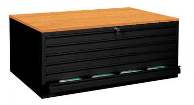 A black multi-drawer cabinet with a wooden top, partially open drawers revealing green items inside.