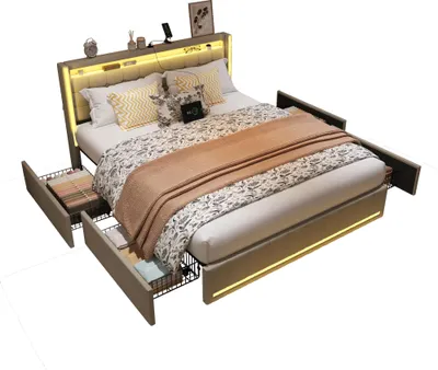 Obrázek produktu pro Postel Moonbite s úložným prostorem, rozměr 180x200 cm, lněná tkanina, barva béžová, 4 zásuvky, nastavitelné LED osvětlení, USB a Type-C porty, nosnost až 300 kg