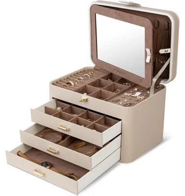 Image de Boîtes à bijoux pour femmes, 4 niveaux, avec miroir et serrure, couleur beige