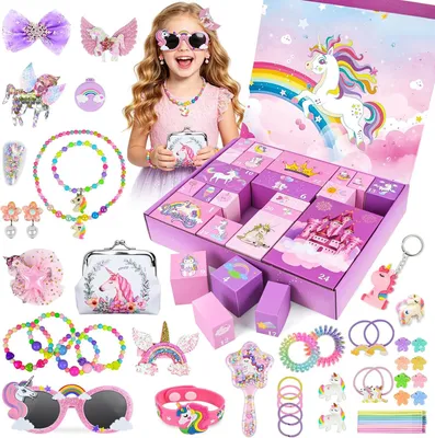 Immagine prodotto di Calendario dell'Avvento per bambine - Calendario dell'Avvento a tema unicorno - Regalo di Natale con 24 sorprese - Include giocattoli - Accessori per capelli