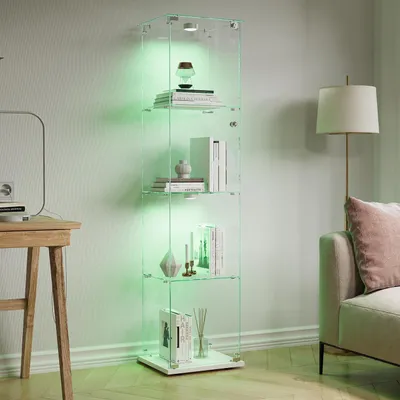 Immagine prodotto di Vetrina espositiva con illuminazione a LED, 4 ripiani in vetro, porta in vetro con serratura, colore bianco