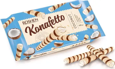 Immagine prodotto di Rotolini di wafer Roshen con ripieno e scaglie di cocco – 140 g