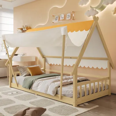 Image de Lit maison Lit enfant 90x200 Design maison en bois naturel avec tente amovible Lit simple en bois de pin Lit ludique avec barrière de sécurité sans matelas stable