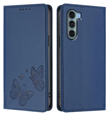 Produktbild von Lederhülle für Motorola Moto G200, Schmetterling Prägung Leder Brieftasche Schutzhülle mit Ständer Dunkelblau