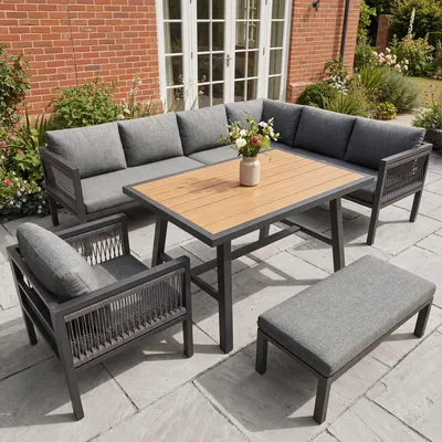 Produktbild von Gartenlounge-Set 5-teilig Ecksofa mit Tisch & Hocker, 150kg Belastbarkeit, Wetterfeste WPC Outdoor Sitzgruppe Seil-Optik Grau/Beige