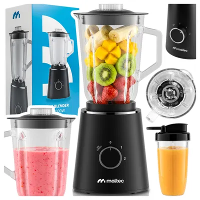 Produktbild von MalTec Standmixer Glas 1,5 L mit 500 ml To-Go-Flasche 1000W 6 Edelstahlklingen, 2 Geschwindigkeiten und Pulsfunktion, rutschfeste Füße für Smoothies Suppen
