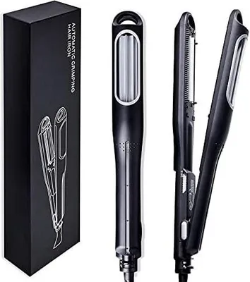 A black automatic crimping hair iron and its packaging are displayed against a white background.