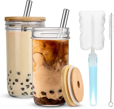 Produktbild von Trinkbecher, Glasbecher mit Deckel und Strohhalm, 720ML Bubble Tea Becher, Kaffeetasse, Einmachglas Tasse, BPA frei