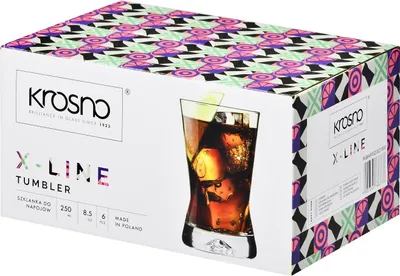 A product box for Krosno X-LINE tumblers, showing a picture of a filled glass.
