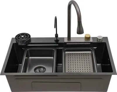 Immagine prodotto di Lavello da cucina - Da incasso, a vasca singola - Acciaio inossidabile 304 - Rivestimento nano - Con rubinetto estraibile da 60 cm - 80x45 cm - Nero
