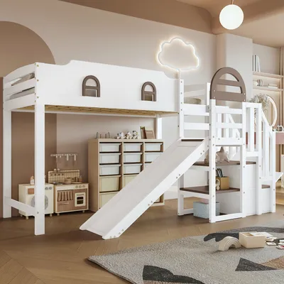 A child's bedroom with a white loft bed featuring a slide and stairs, a toy kitchen, and storage units.