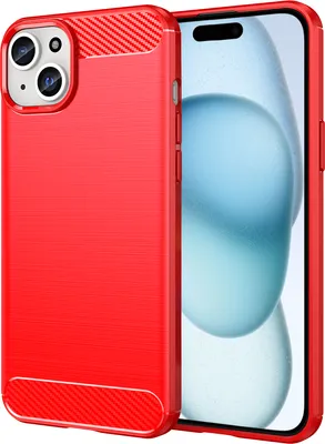 Produktbild von iPhone 15 Hülle, Carbon-Faser TPU Silikon Stoßfest Schutzhülle für iPhone 15 Rot