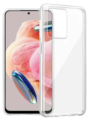 A clear protective phone case is shown on a white background, with a smartphone partially visible behind it.