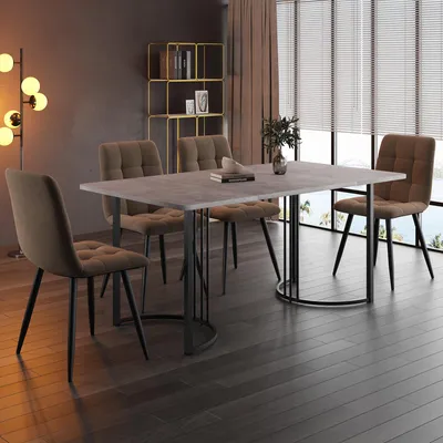 Image de Set Cuisine/Salle à Manger (5 pièces) : Table (140×80cm, MDF Gris, Pieds Métal Noir) + 4 Chaises Velours Marron