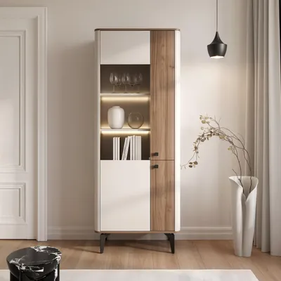 Produktbild von Hohe Vitrine BELLAGIO mit Einlegeböden, Kaschmir/Nussbaum, modernes Design und großzügiger Stauraum + LED