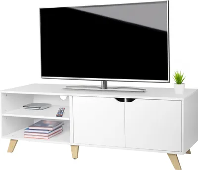 Produktbild von Relaxdays TV-Lowboard, 6 Fächer, TV-Schrank bis 60 Zoll, HBT: 50 x 140 x 40 cm, Fernsehtisch mit Kabelführung, weiß